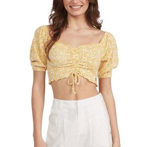 NWT Roxy Ochre Woodblock Ditsy Flirty Walk Puff-Sleeve Crop Top, Size Medium